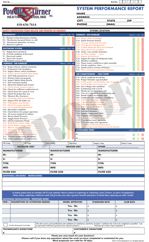 Maintence TuneUp Checklist Maryland Powell & Turner Heating